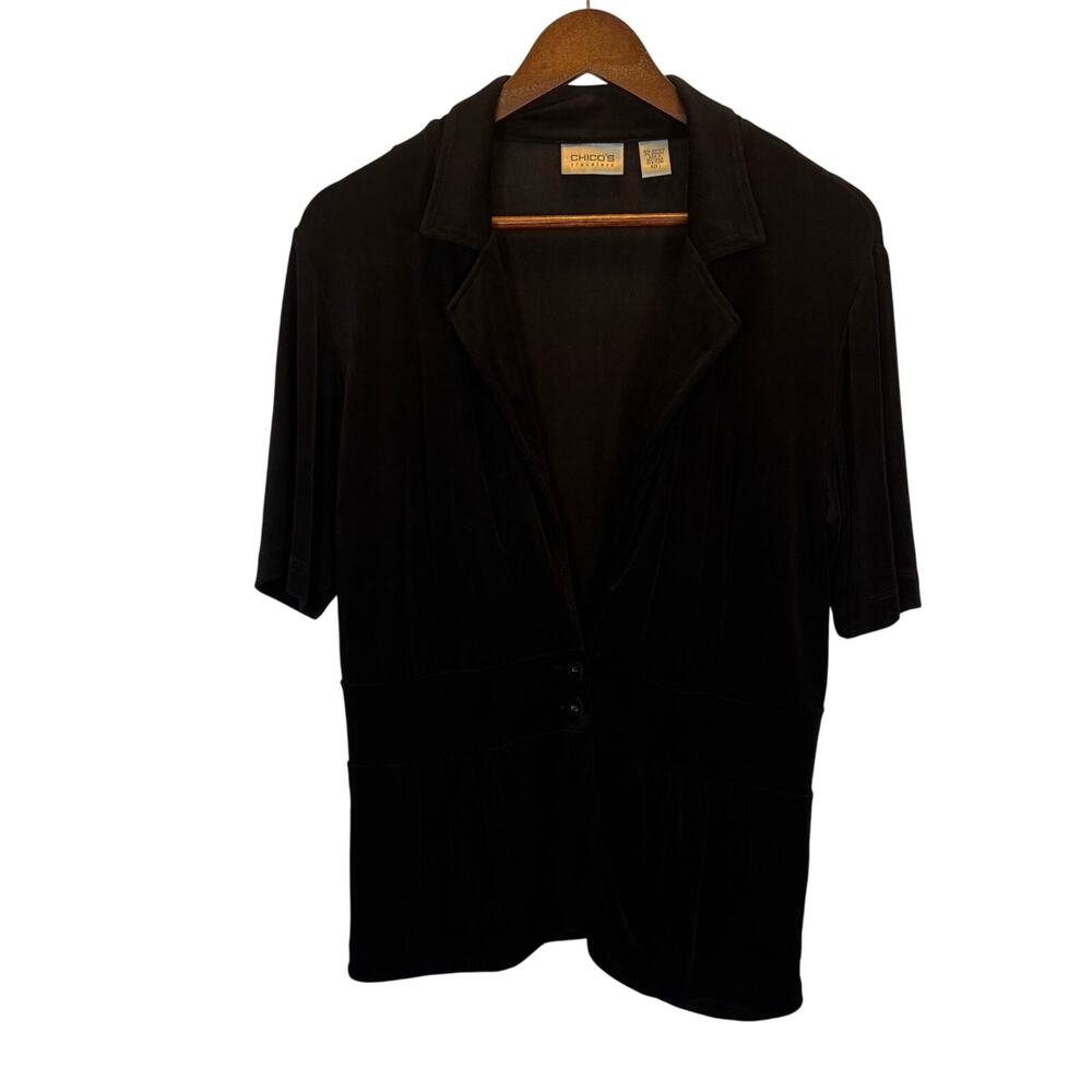 Chico’s Travelers Women’s 1 Black Slinky V-Neck Button Top Stretch Travel Blouse - Picture 2 of 8